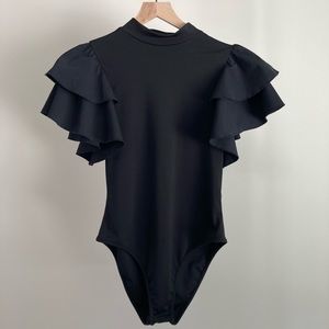Black Bodysuit - Ruffle Butterfly Sleeve Skinny Bodysuit